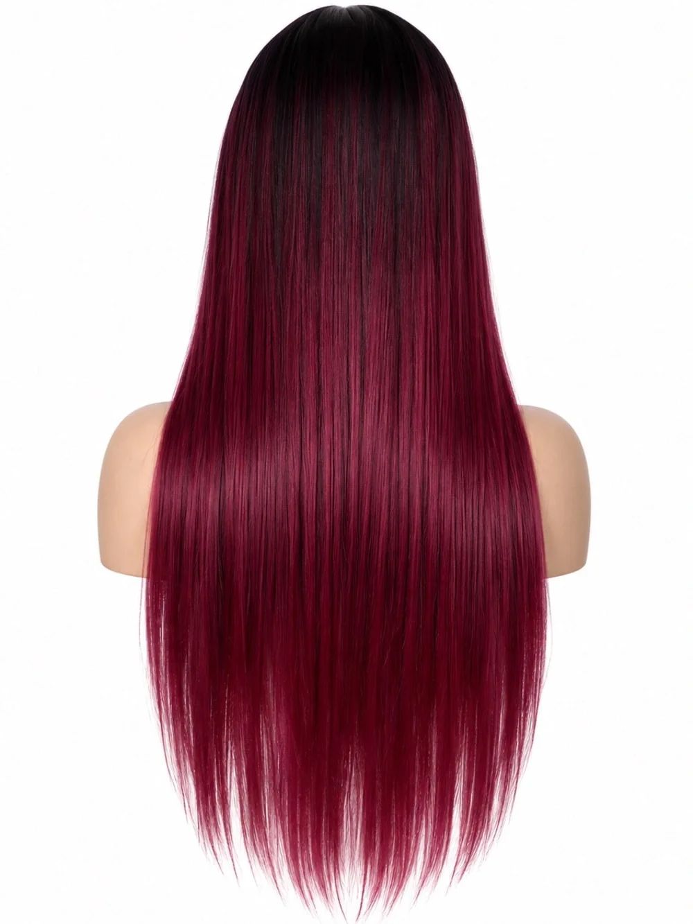 Long Straight Wig with Blunt Bangs - Burgundy Ombre 26 inches long